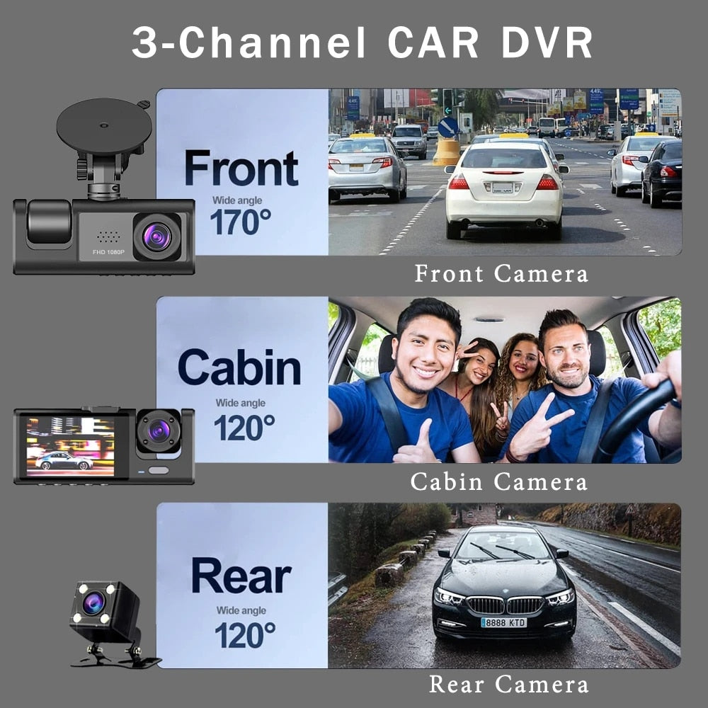 Dash Cam Video Recorder Three Lens Car Camera with Rear View DVR