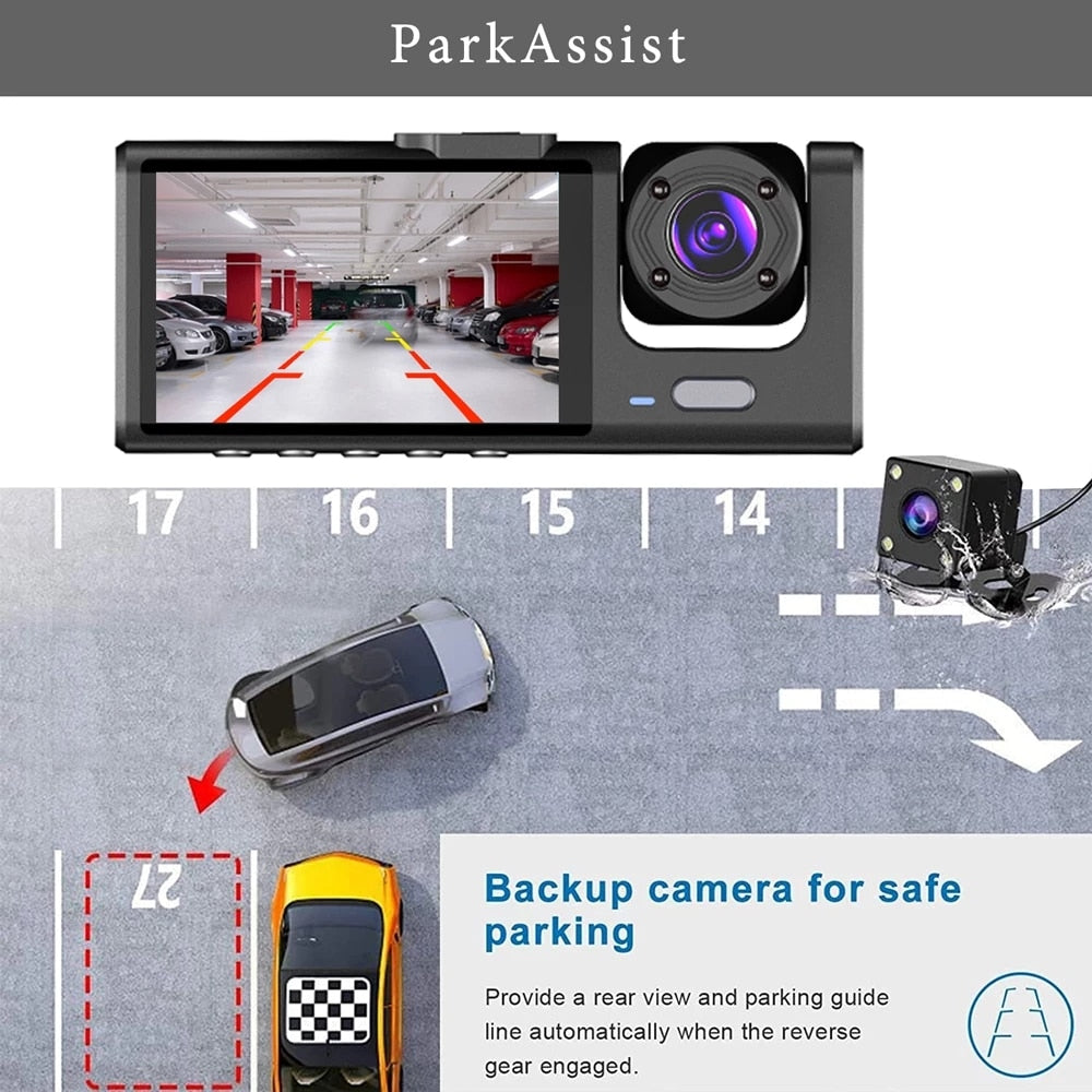 Dash Cam Video Recorder Three Lens Car Camera with Rear View DVR